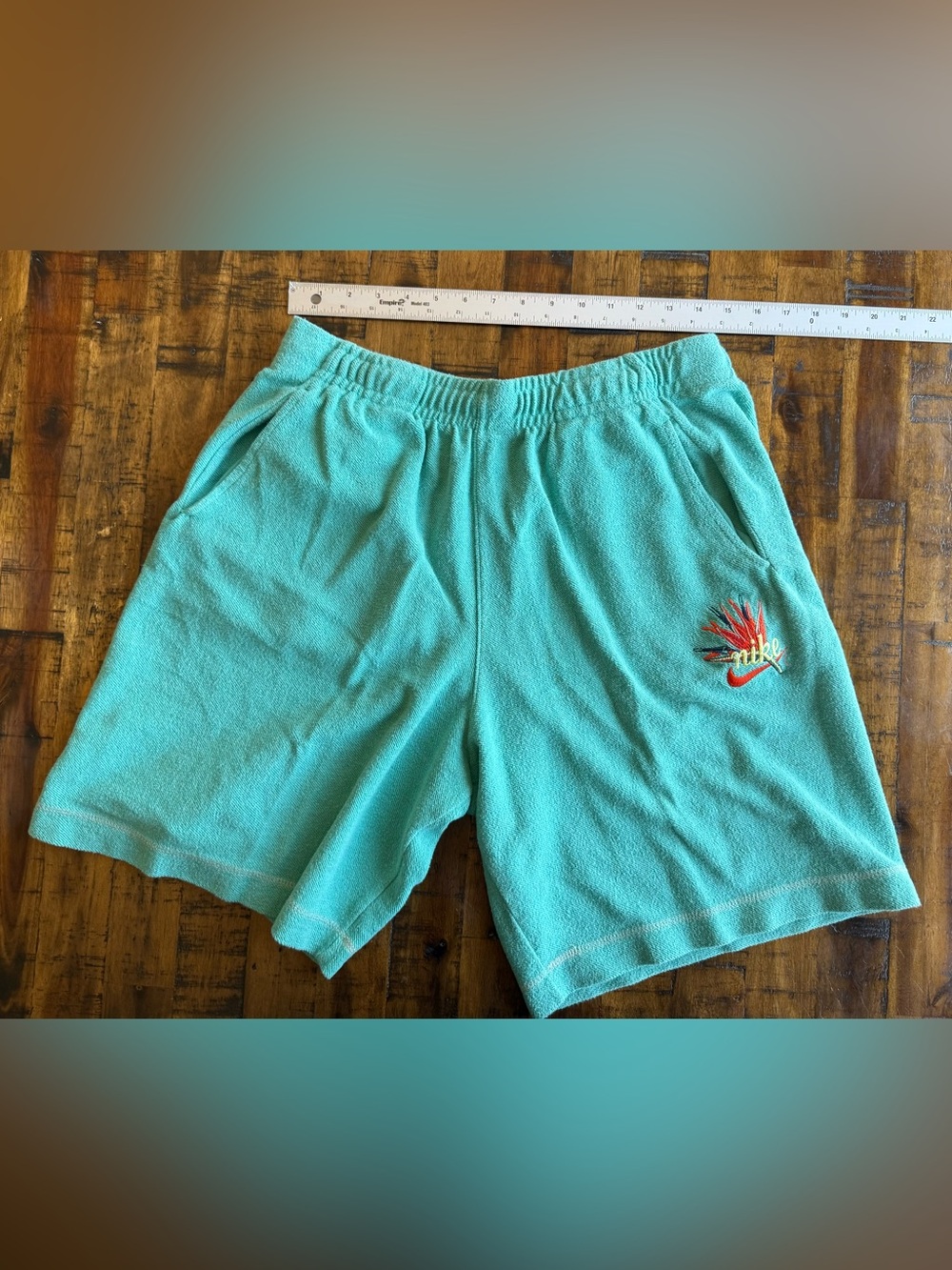 Nike Swoosh French Terry Shorts Blue Green Birds of Paradise DQ3486‑392 Size L - Picture 4 of 8